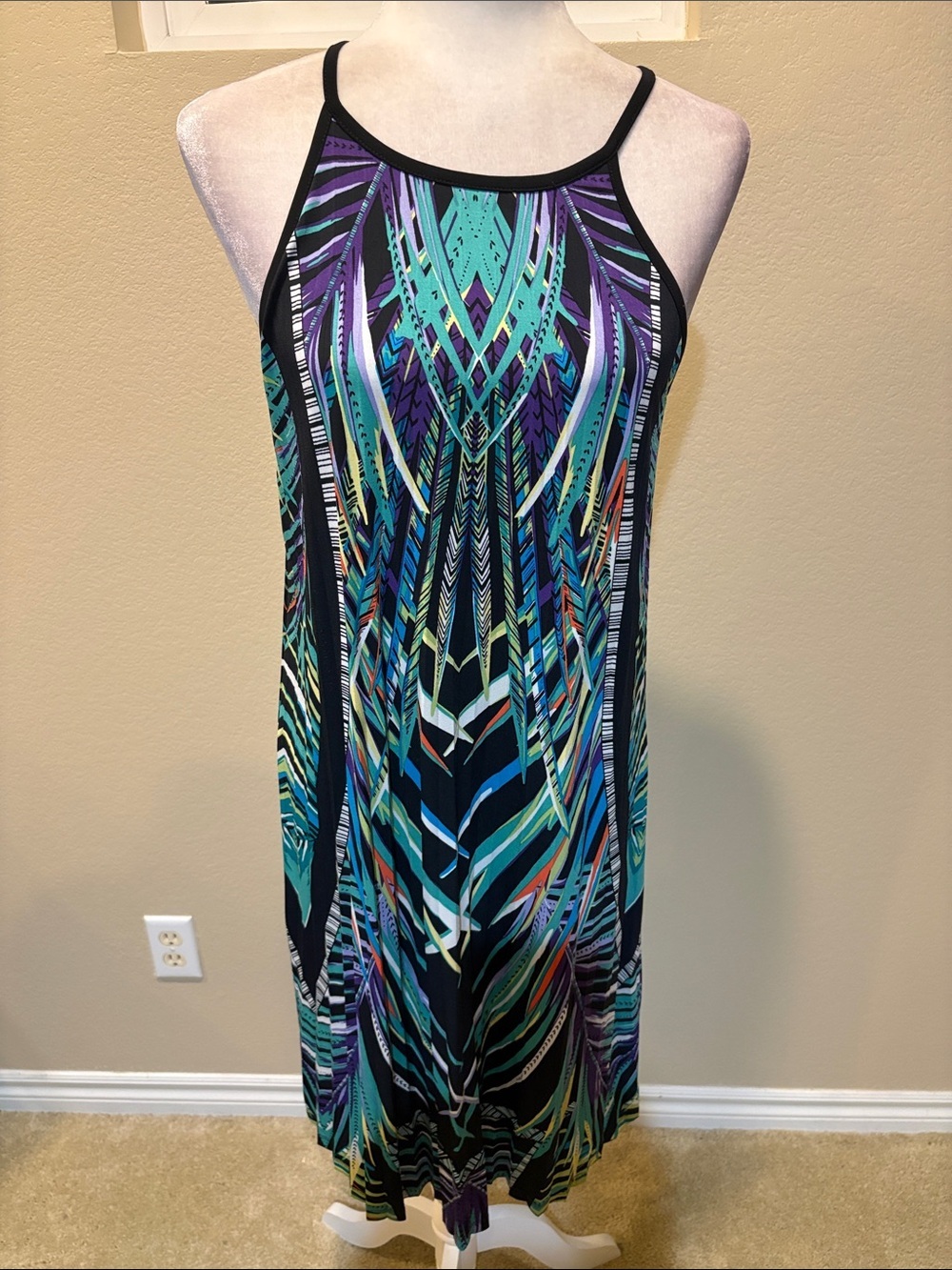 Nicole by Nicole Miller Black Multicolor Halter Midi Dress-Size S